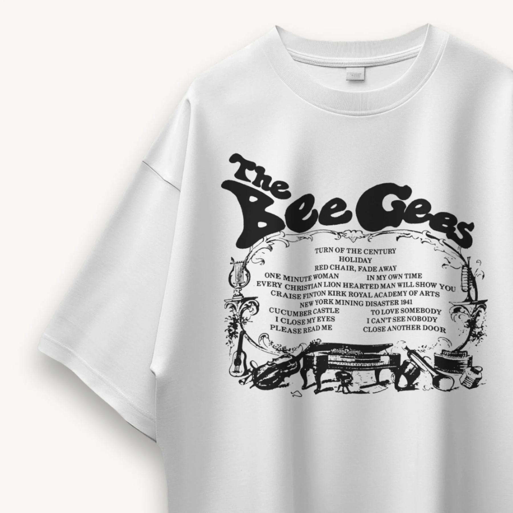 Bee Gees Turn Of The Century Tracklist White Oversized Tee - Image 3