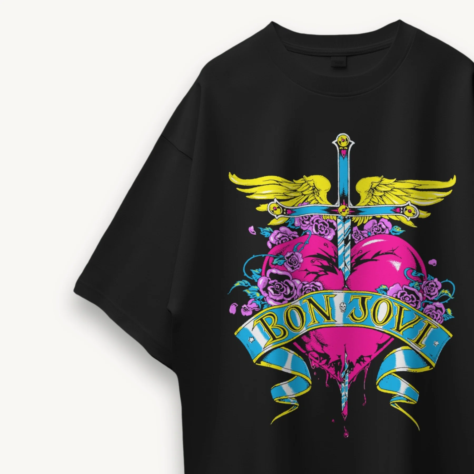Bon Jovi Heart & Dagger Black Oversized Tee - Image 3