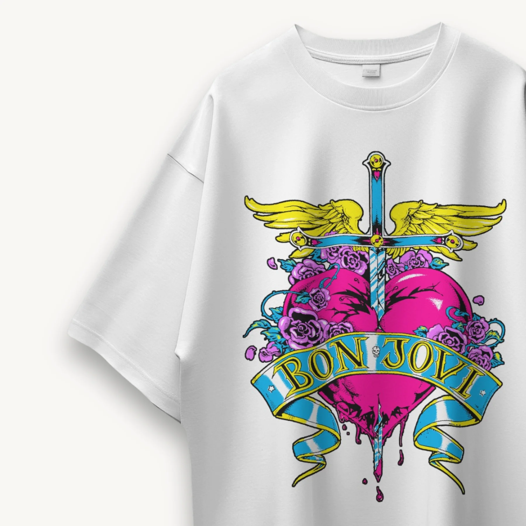 Bon Jovi Heart & Dagger White Oversized Tee - Image 3