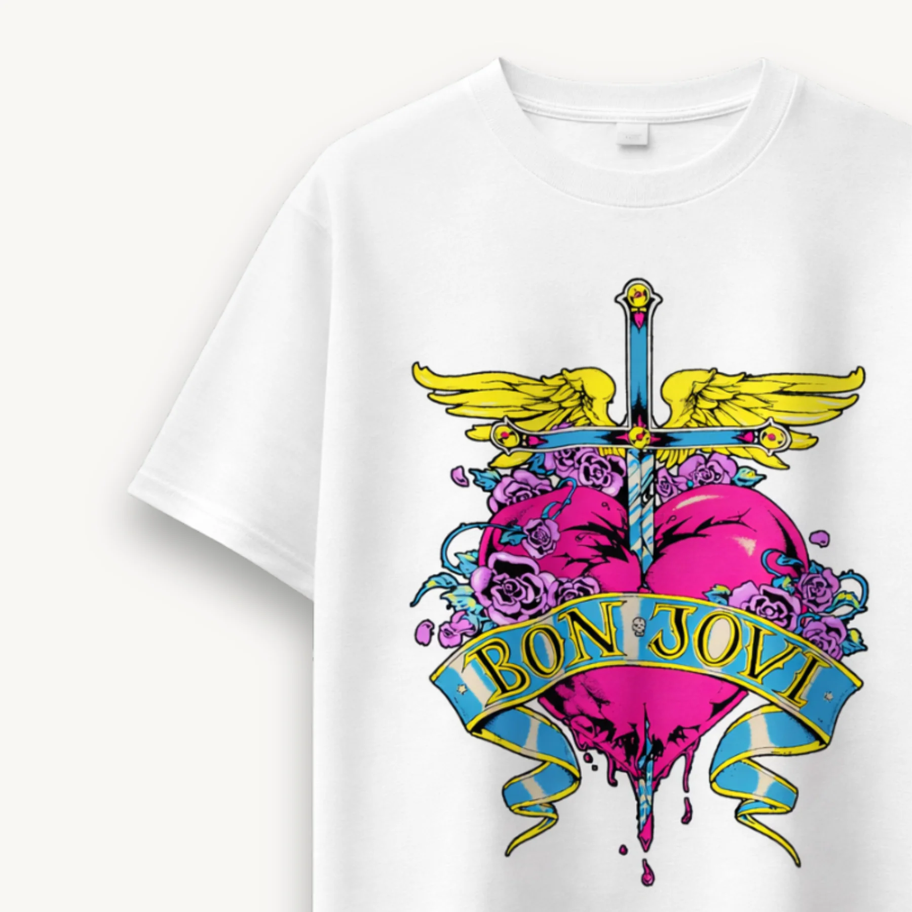 Bon Jovi Heart & Dagger White Relaxed Tee - Image 3