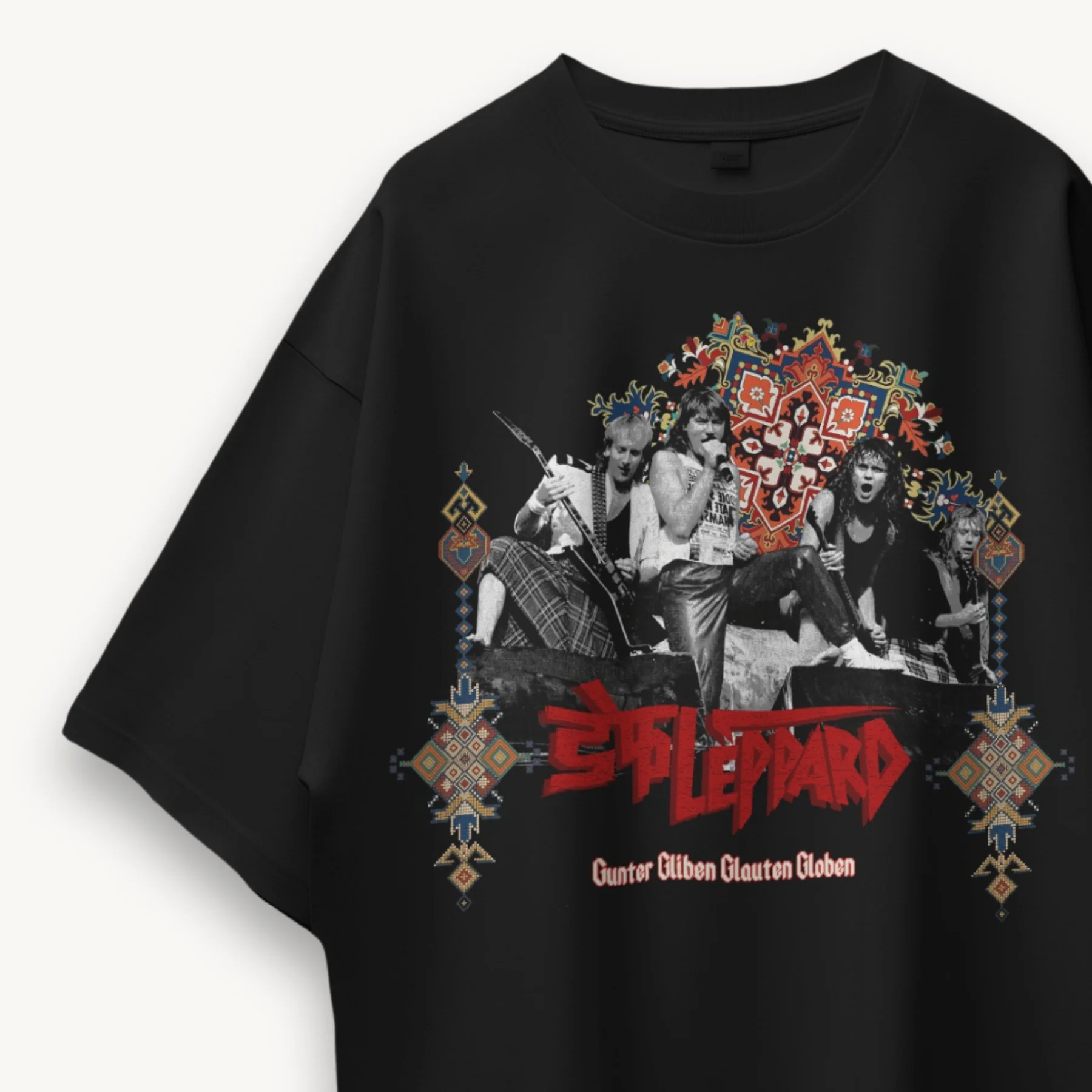 Def Leppard Gunter Glieben Glauchen Globen Band India '26 Black Oversized Tee - Image 3