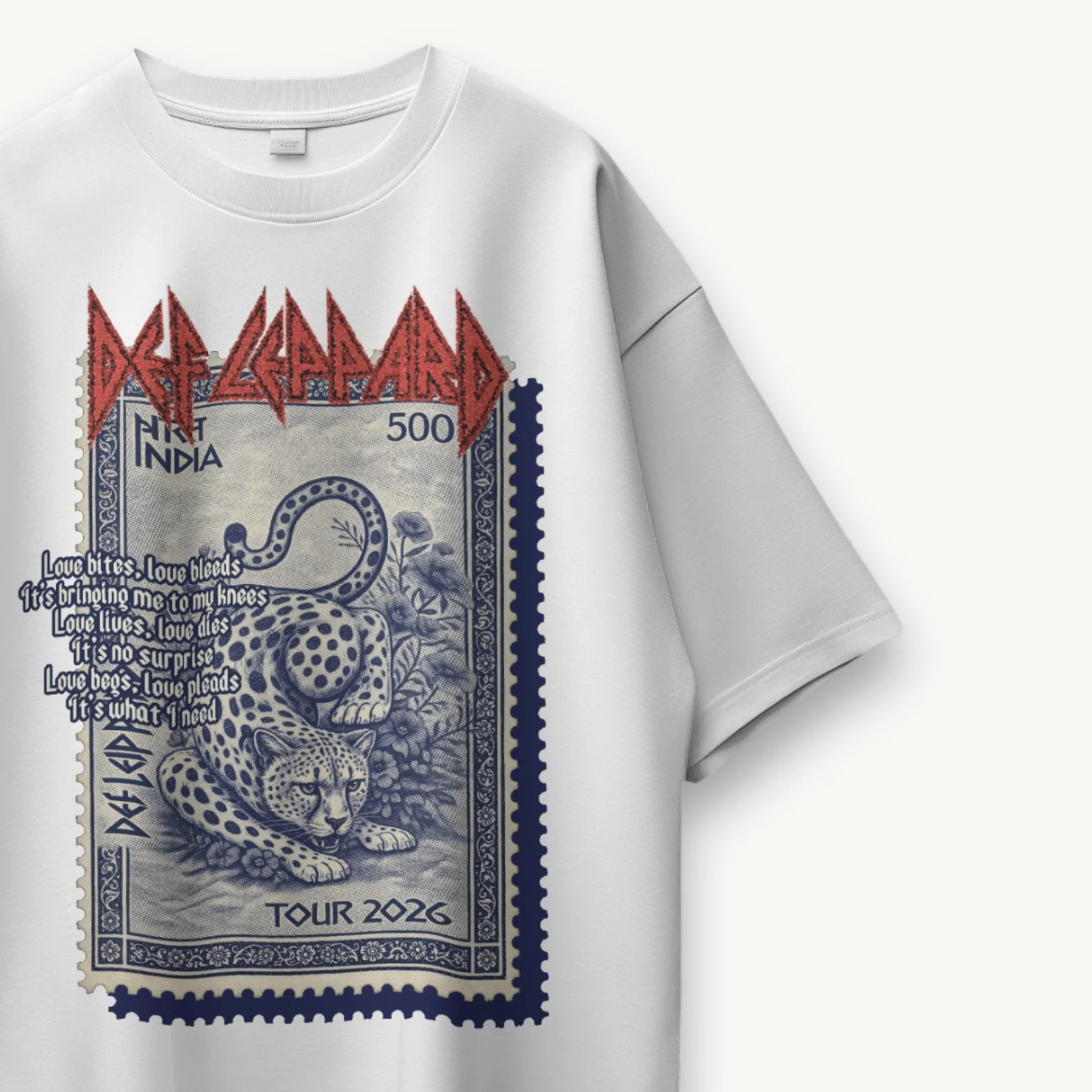 Def Leppard India Stamp Tour '26 White Oversized Tee - Image 3