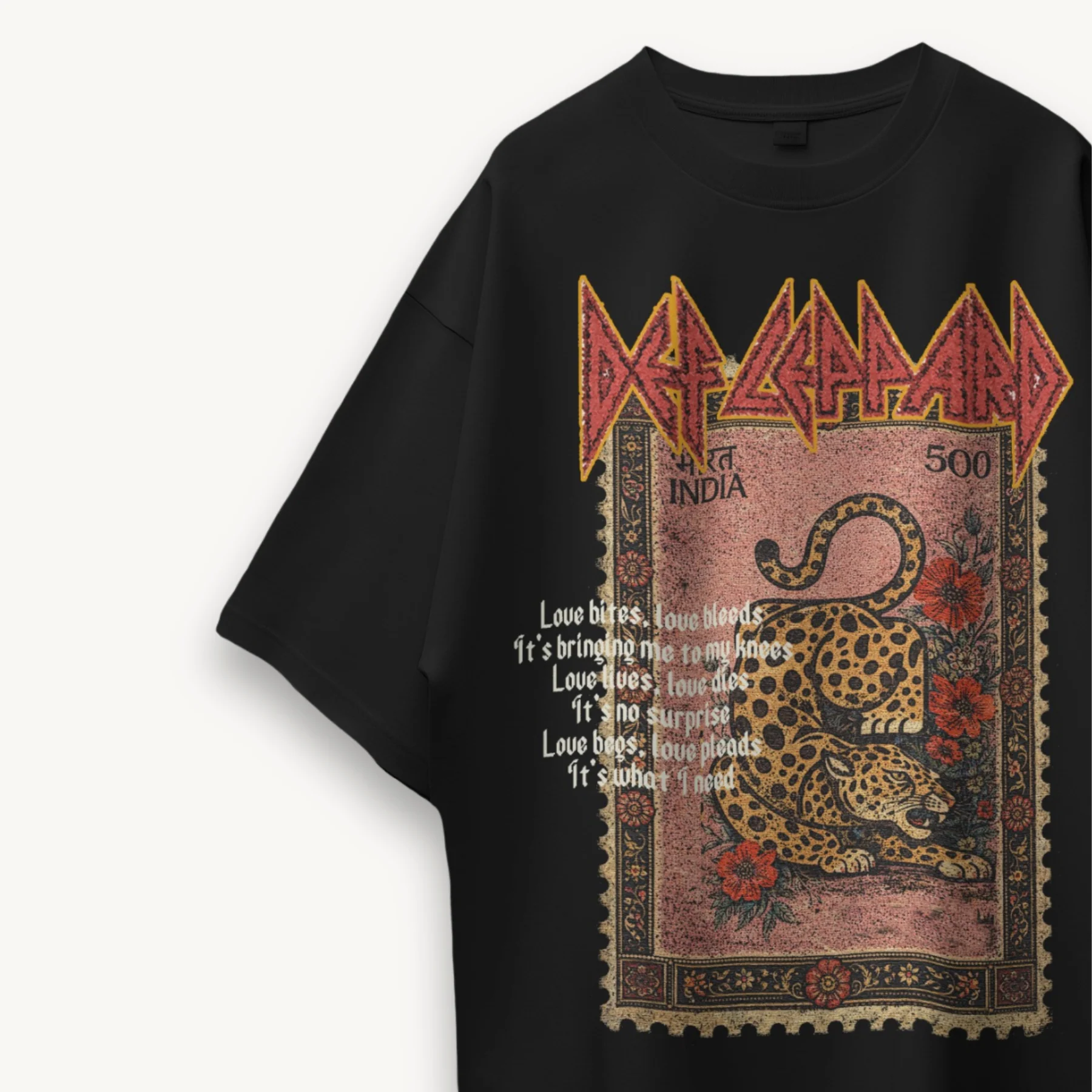 Def Leppard Vintage Stamp Leopard India '26 Black Oversized Tee - Image 3