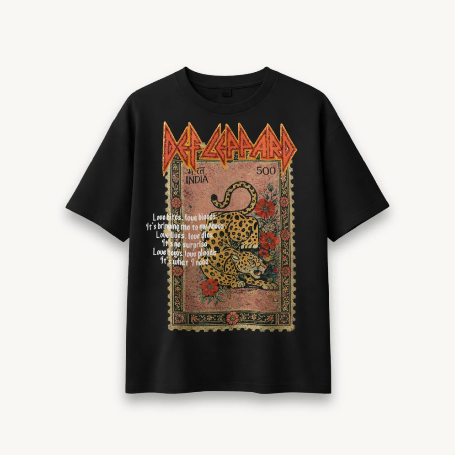 Def Leppard Vintage Stamp Leopard India '26 Black Relaxed Tee