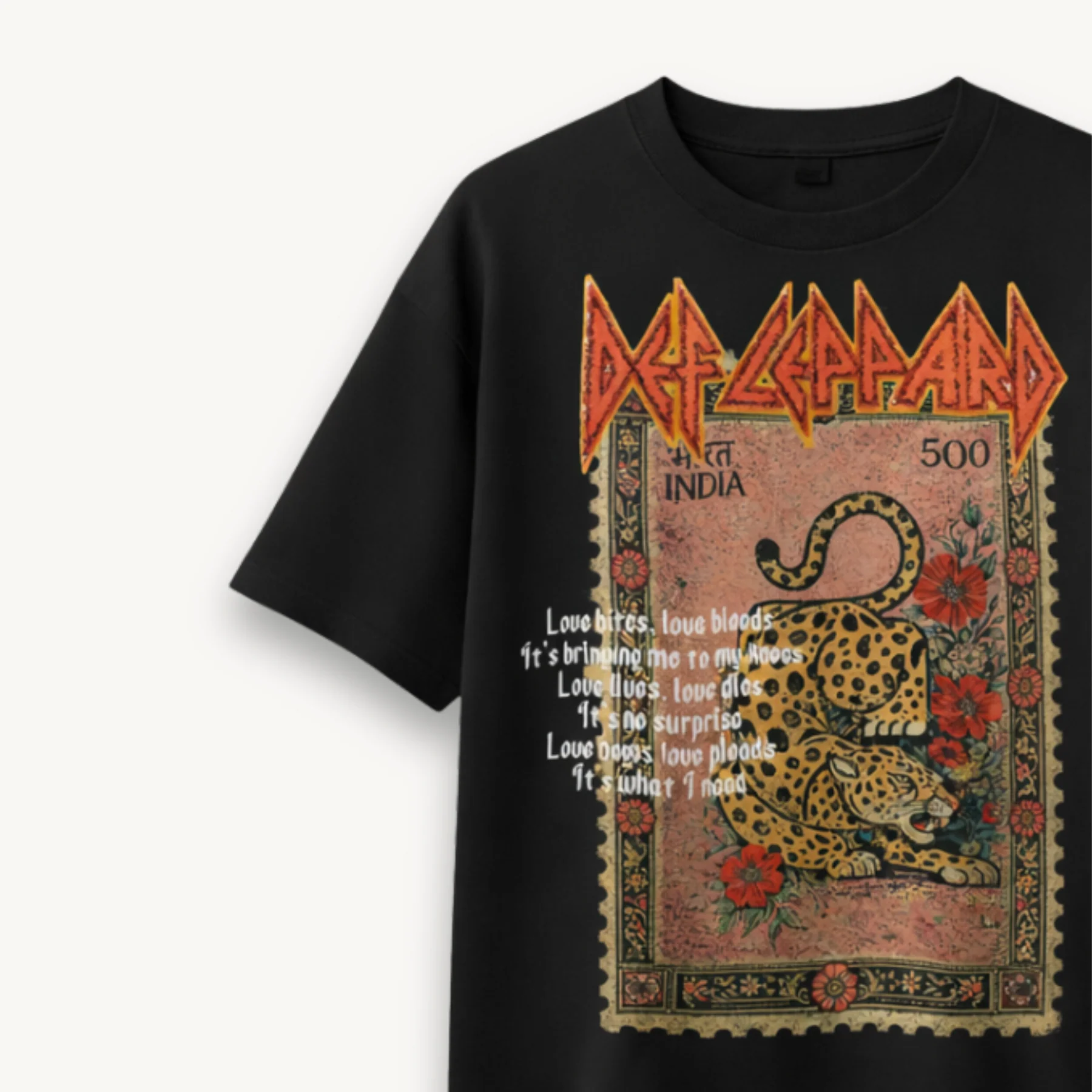 Def Leppard Vintage Stamp Leopard India '26 Black Relaxed Tee - Image 3