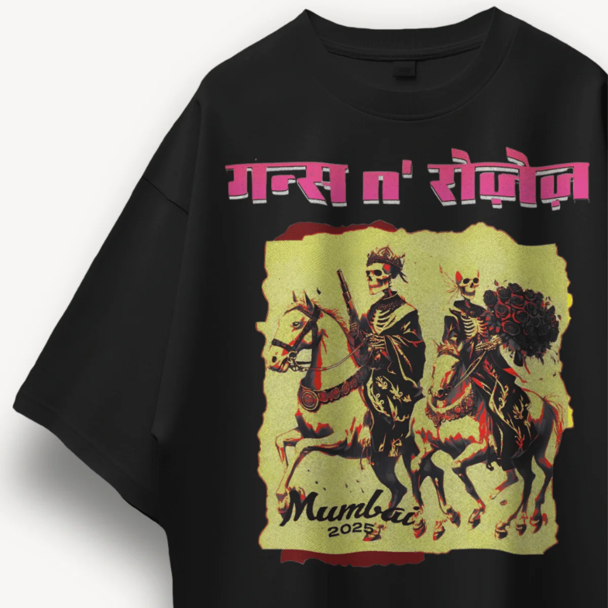 Guns N' Roses Mumbai '25 Skull Black Oversized Tee - Image 3