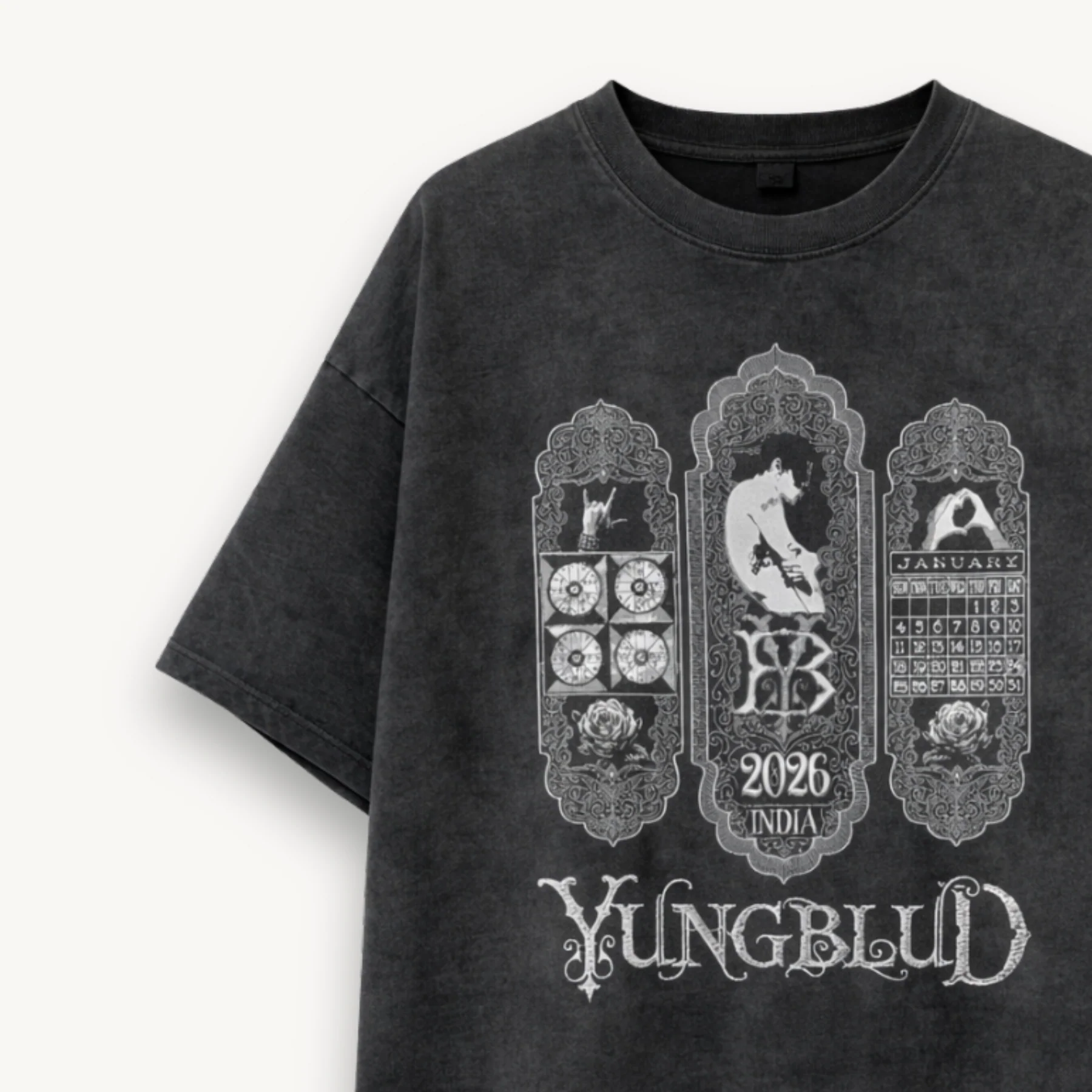 Yungblud AW Arches of India Black Acid Wash Oversized Tee - Image 3